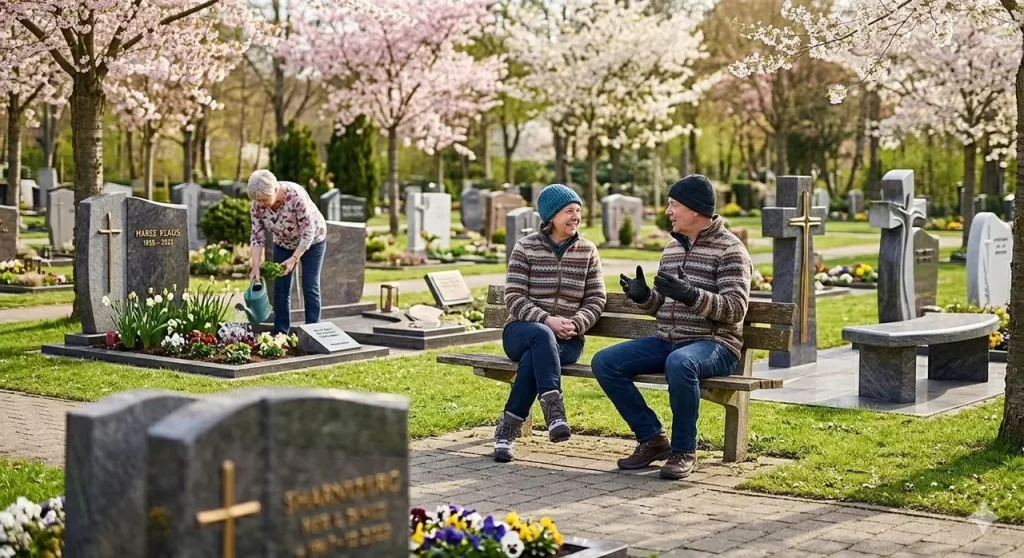 Gespräche auf dem Friedhof mit Bekannten helfen in Phasen der Trauer