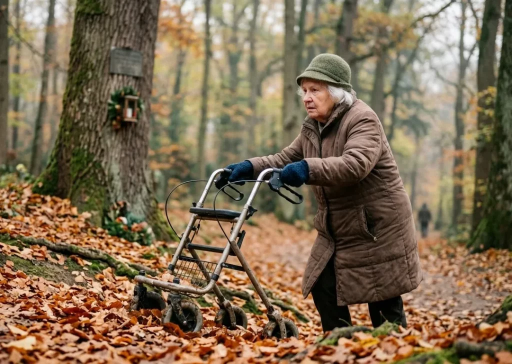 Einen Rollator im Herbst auf einem Waldfriedhof zu bewegen, ist mühsam